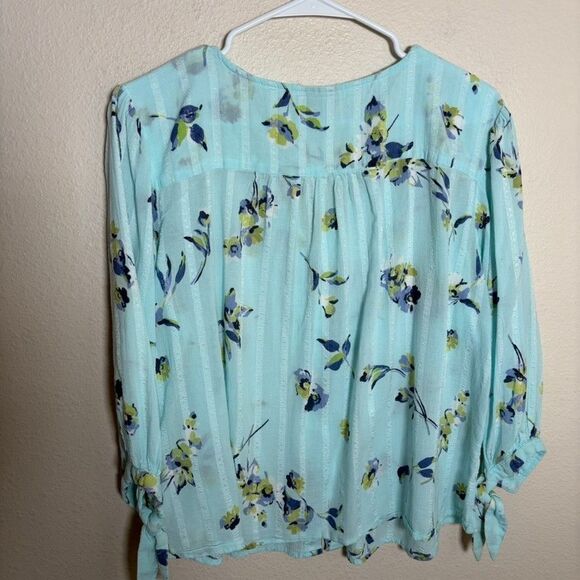 ANA Blouse Women's XXL Blue Floral Striped Sheer Boho Causal Summer Tie Top - Picture 4 of 8